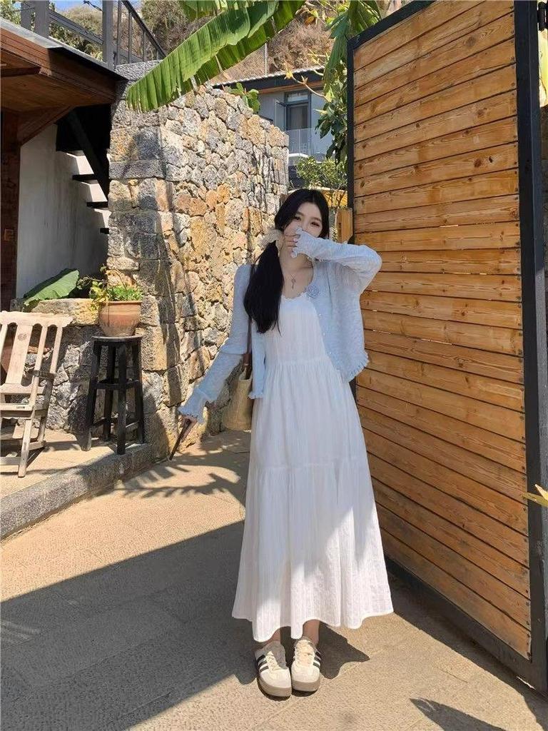 Plus Size French Style Lace Camisole Dress & Sun Protection Cardigan Set