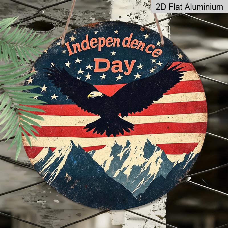 2D Flat, 1pc Independence Day Patriotic Decor Aluminum Metal Sign with American Flag, Eagle, And Mountain Pattern - Red, White, And Blue Independence