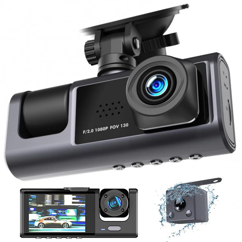 Kawlity 3 Cameras, Dash Camera, Small Dash Camera, 1080P, Full HD Image Quality, 360°