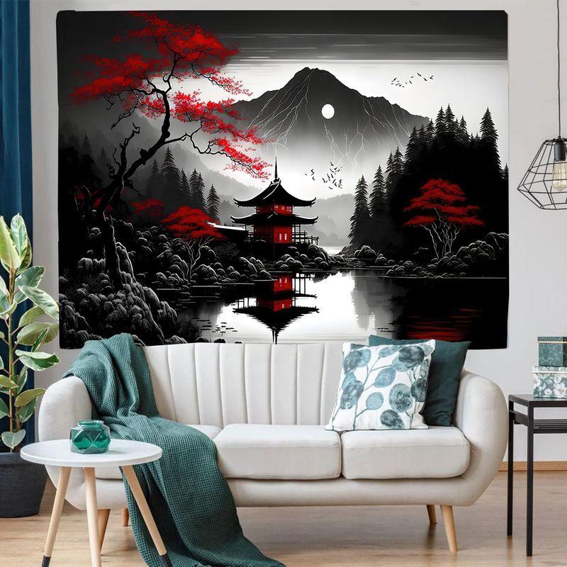 Japanese Pagoda Fuji Mountain Tapestry, Cherry Blossom Ukiyo-e Zen Wall Hanging for Bedroom Living Room Aesthetic Home Decor