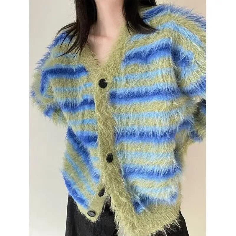 V-neck Striped Cardigan Sweater Green Women Knitted Coat Imitation Mink Velvet Thickened Warm Relaxed Casual Sweet New Fashion Y2k