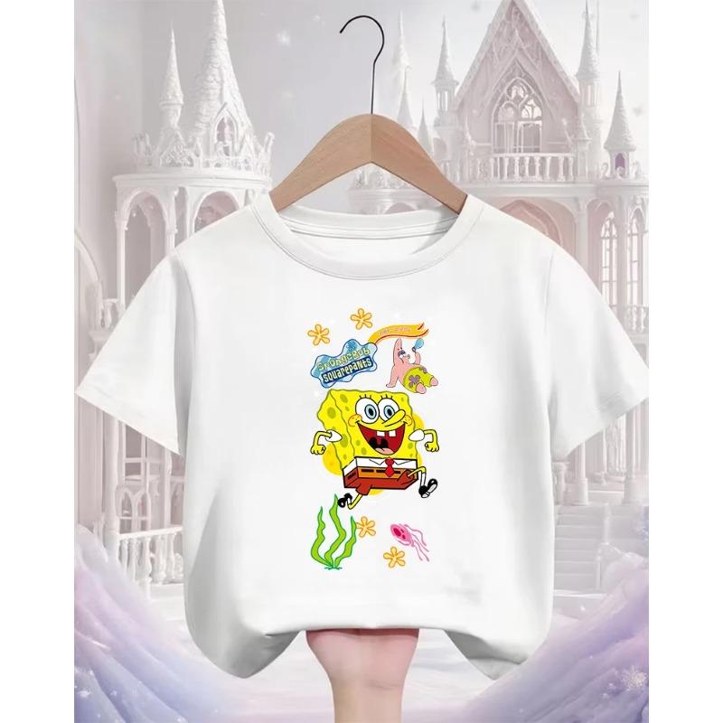 Street SpongeBob SquarePants Casual T Shirt 3-14Y Boys Girls Summer Cute Kawaii Fashion Hot Cartoon Crew Neck Kids
