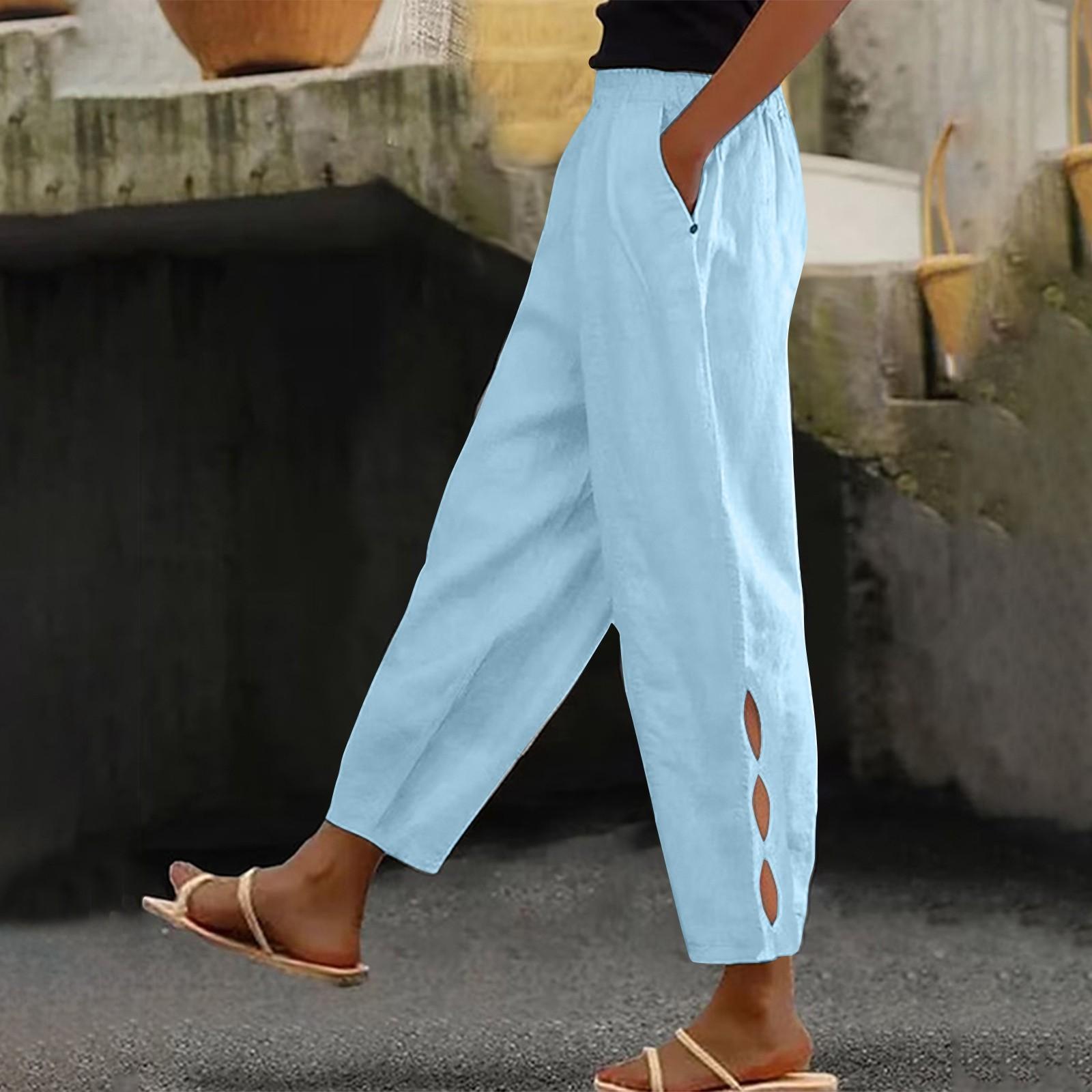 

Женские модные хлопковые и льняные однотонные повседневные повседневные брюки с боковыми карманами и полыми пуговицами XXXL