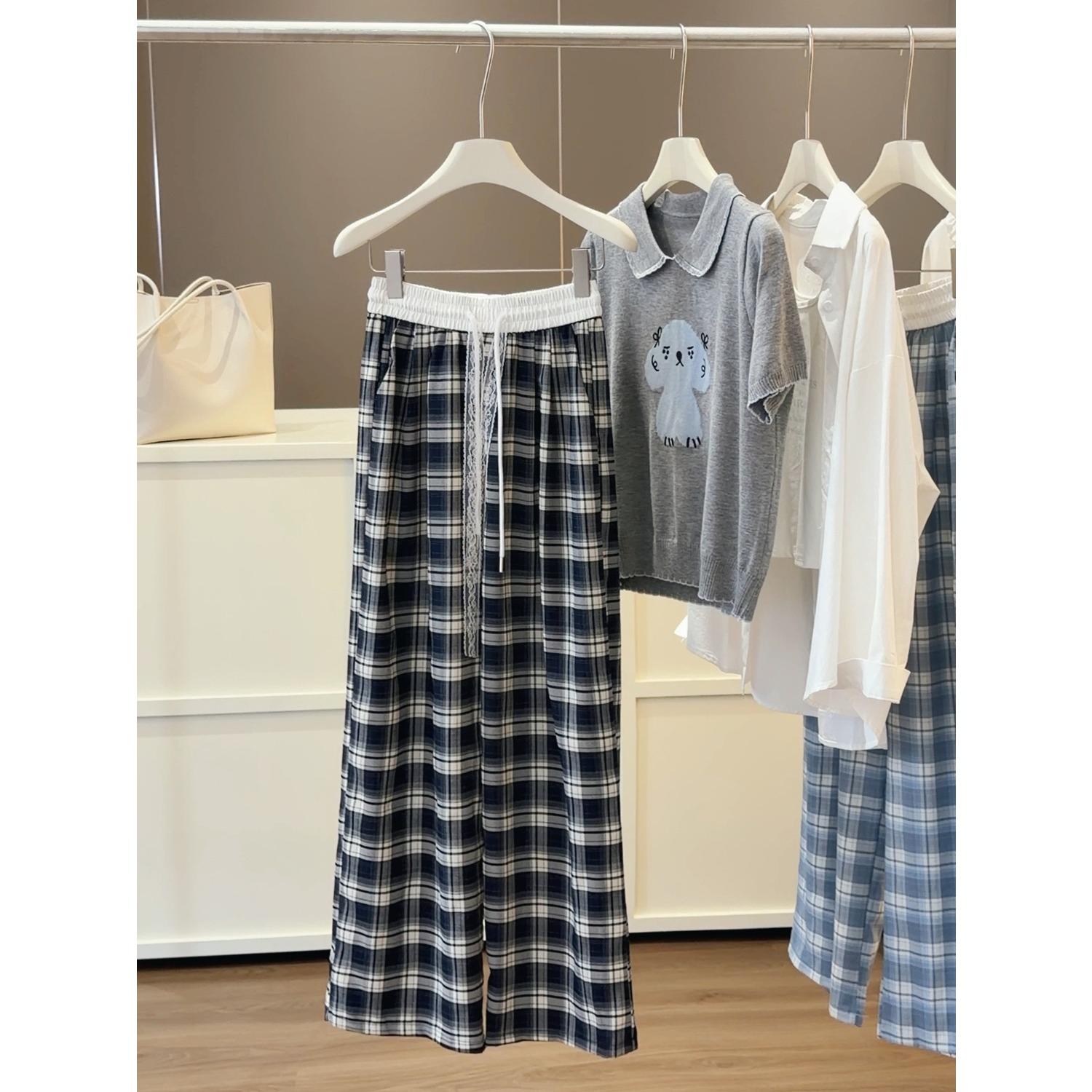 Women s High Waist Wide Leg Pants Plaid Casual Loose Fit Drawstring Summer Trousers M
