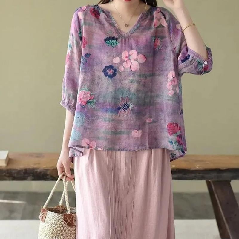 Summer Shirt Vintage Floral Print Tops Women V Neck Leisure Chic Loose Blouses Cotton Linen Thin Half Sleeve Shirts Lady