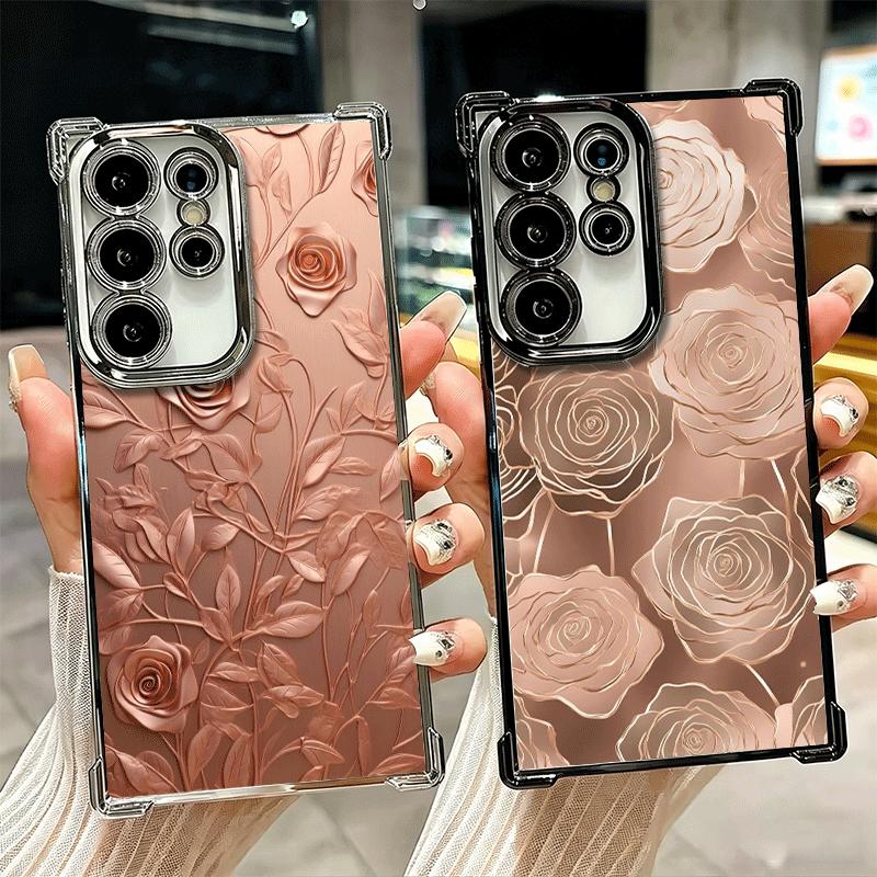 Beautiful Rose Gold Art Plating Phone Case For Samsung Galaxy S24 S25 FE S26 Edge S23 Ultra S22 S21 Plus S20 Anti-Fall Airabag C