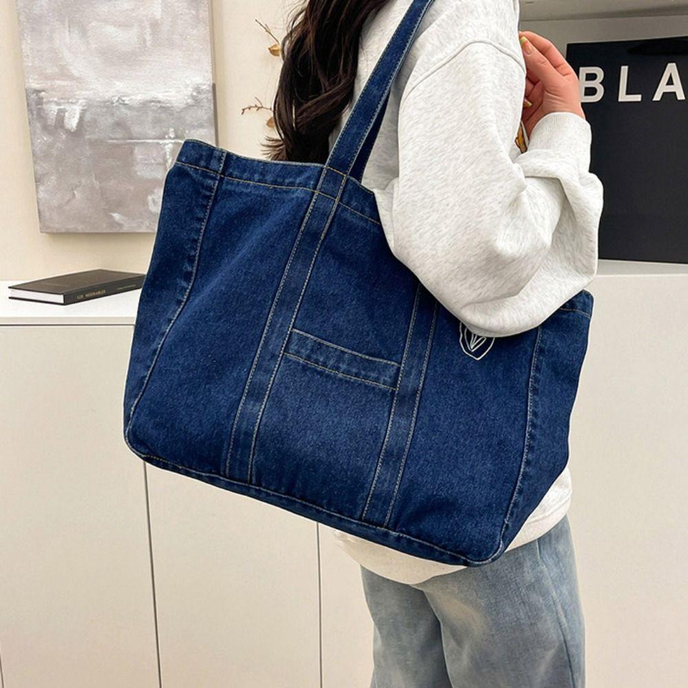 Tote Bag Large Capacity Handbag Solid Color Underarm Packs Sweet Denim Tote Bag Girls