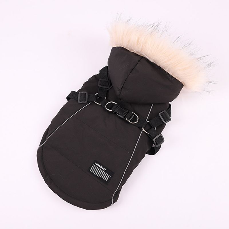 

Зимняя одежда для собак с капюшоном, теплая флисовая куртка для крупных собак, водонепроницаемое пальто для питомцев со шлейкой, костюм щенка XS（old） чёрный