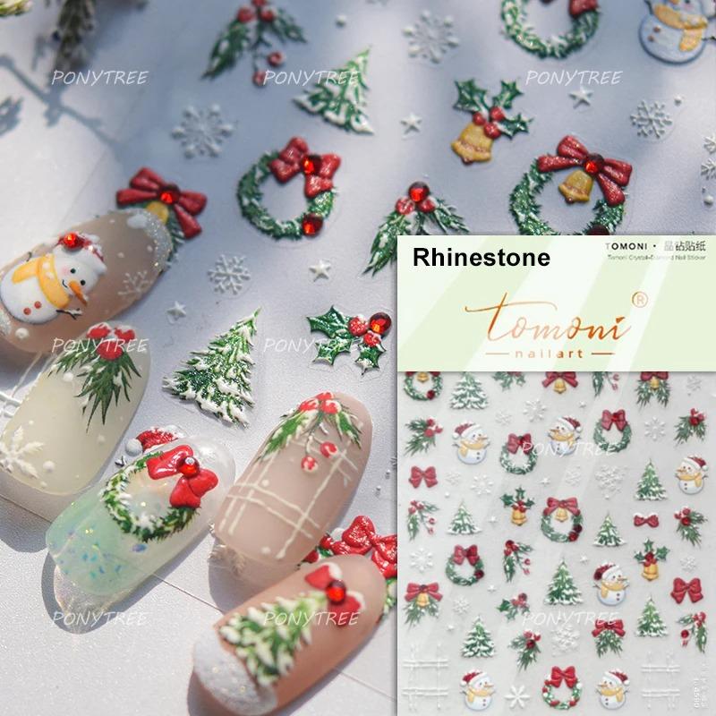 Gold Stamped Snowflake Stars White Christmas Tree Red Bowknot Cute 3D Nail Art Stickers Xmas Lovely Manicure Decals