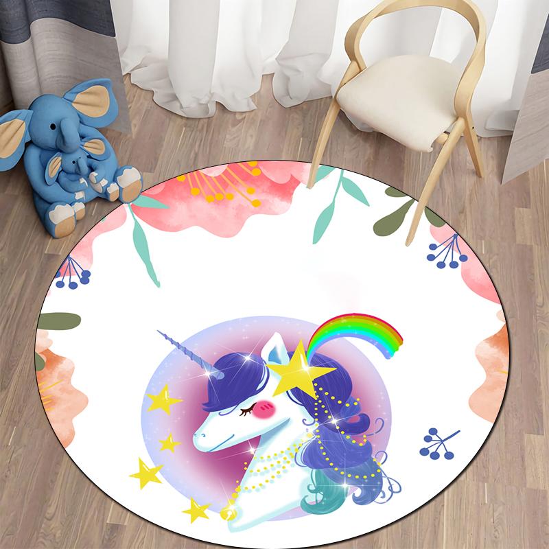 Alfombra redonda con bonitos dibujos de unicornios para dormitorio de niños, alfombra antideslizante para gatear, alfombra para sala de estar, felpudo decorativo para el baño