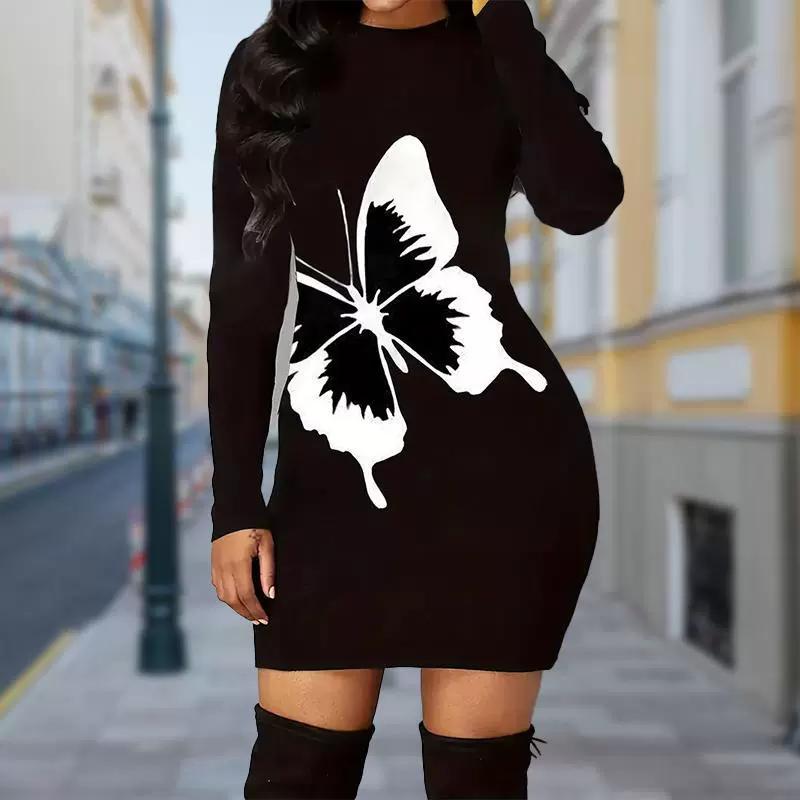 

Женское миди-платье с длинным рукавом, круглым вырезом и длинным рукавом, облегающее платье, облегающее платье с 3D-принтом S чёрный/белый
