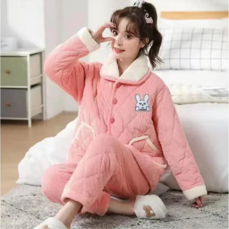 Sleepwear Women Winter Home Sleep Clothes Three Layer Thick Cotton Nightgown Flannel Coral Fleece Warm Coat Large Homewear Set
