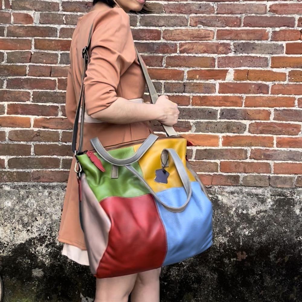Damentasche aus echtem Leder, Retro-Rindsleder, kontrastfarbene Schulter-Crossbody-Tasche mit großem Fassungsvermögen