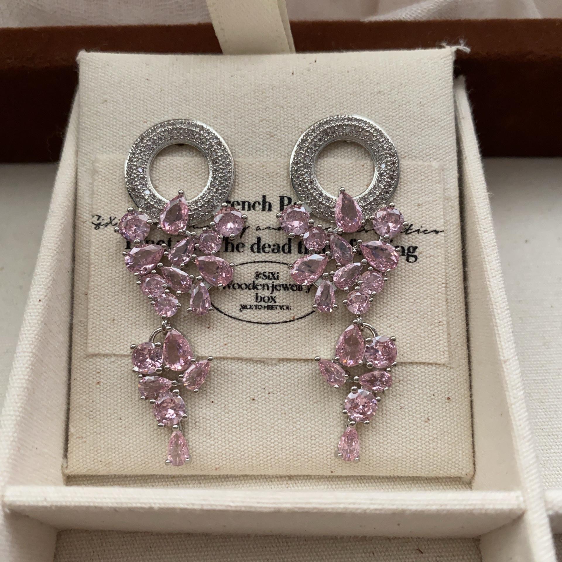 Pink Dream Pendant Tassel Zircon Stud Earrings Pendant Light Luxury Premium Romantic Dress Luxury Bright Exquisite Earrings