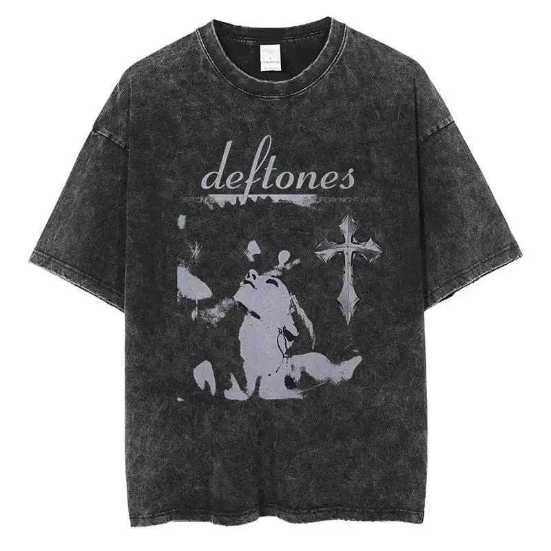 New Hip Hop Deftones Washed Short Sleeve Round Neck Y2k T-shirt Men's Clothing New Top and T-shirt Men's T-shirt Camisetas