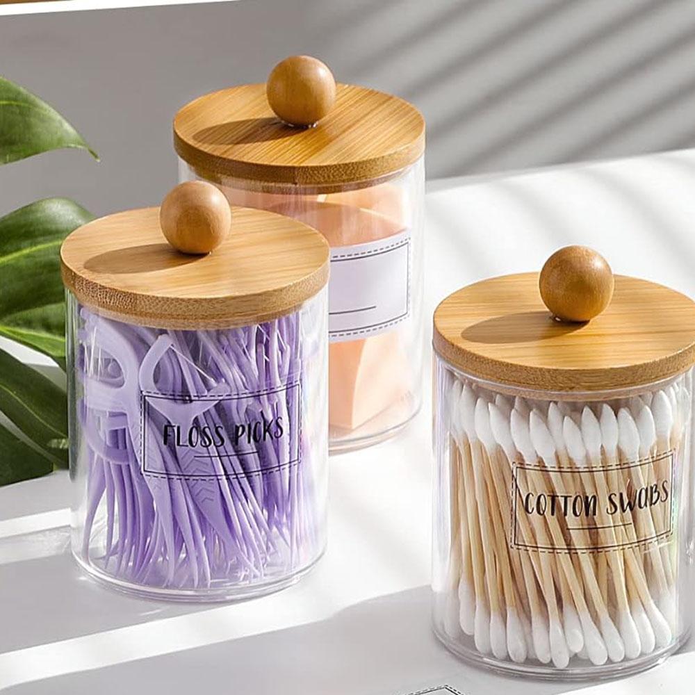 Qtip Holder Dispenser with Bamboo Lids,Clear Plastic Containers for Vanity Makeup Organizer Storage,Cotton Swab,Ball,Pads,Floss