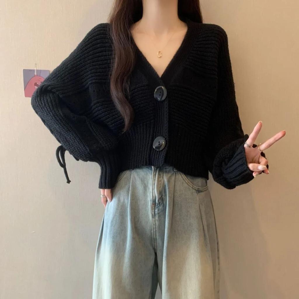 Women Autumn and Winter High-End Short Knitted Cardigan V-Neck Lantern Sleeve Sweater Coat Ladies Tops