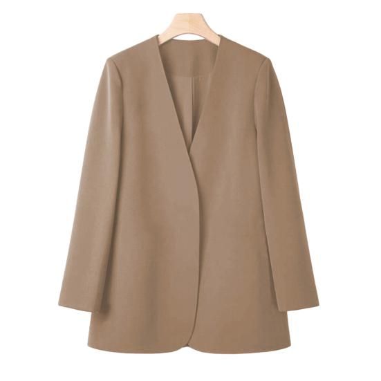 Women Suit Coat Collarless Long Sleeve Solid Color Casual Coat Loose Fit No Buttons Cardigan Style Outerwear Work Wear
