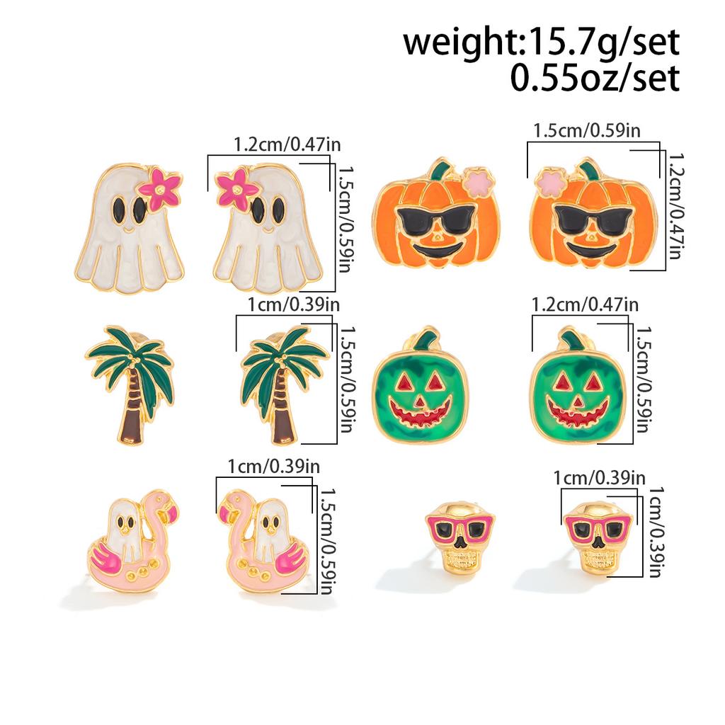 Creative Halloween Cartoon Oil Drip Ghost Pumpkin Stud Earrings Set Dark Wind Cross Skull Head Earrings