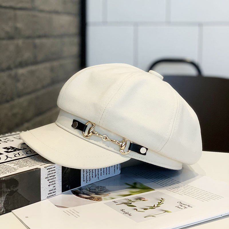 

Hat spring and summer thin breathable metal buckle retro octagonal hat versatile face little beret
