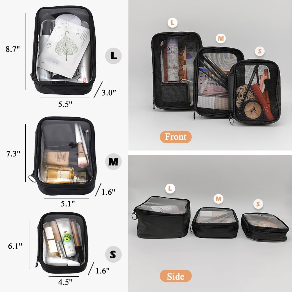 Mesh Makeup Bag, 3 Pcs Makeup Bag Set, Lightweight Mesh Cosmetic Bag with Zipper (S, M, L)