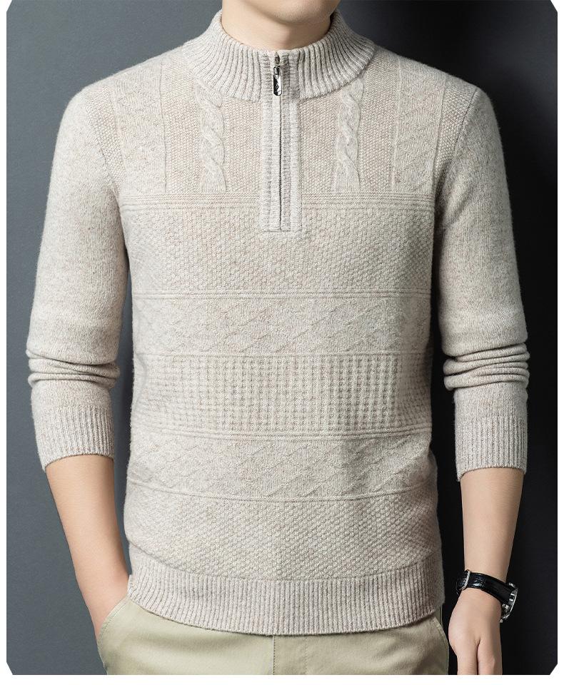 Herren-Strickpullover aus reiner Wolle, dick, für Herbst & Winter, mit halbem Reißverschluss