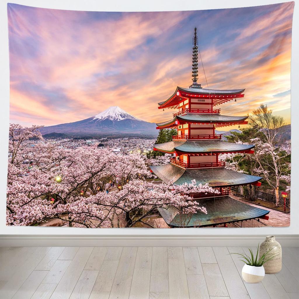 Sakura Tapestry Pink Japanese Cherry Blossoms Tapestries Spring Sunset Landscape Tapestry Wall Hanging for Bedroom Decoration