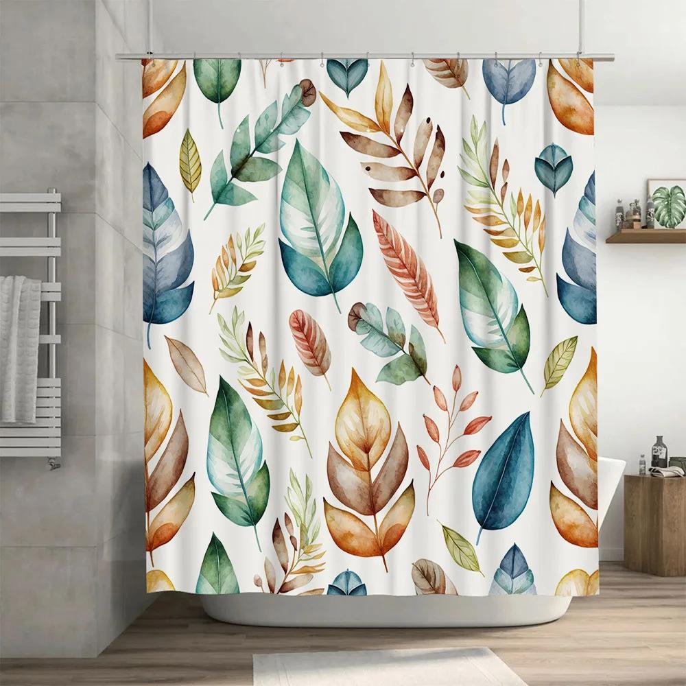 Watercolor Leaf Shower Curtain Bathroom Decor Modern Design for Home Decoration Waterproof Fabric 72x78 Inches (White Green Yell