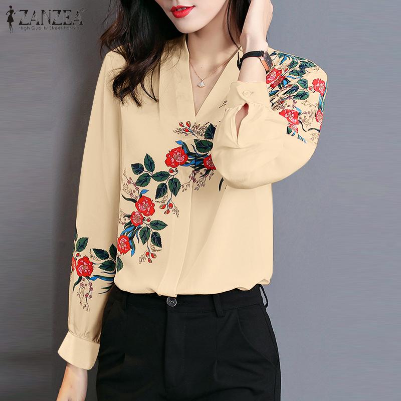

ZANZEA Женские повседневные свободные блузки с v-образным вырезом и длинным рукавом с цветочным принтом S чёрный
