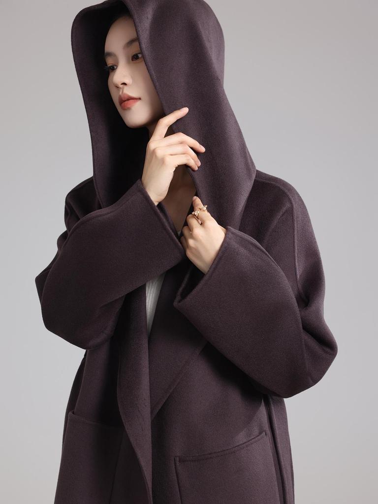 High-End Extra Long Double-Faced Wool Coat: Hooded, Tie-Waist, Light Luxury Casual Silhouette with Cashmere