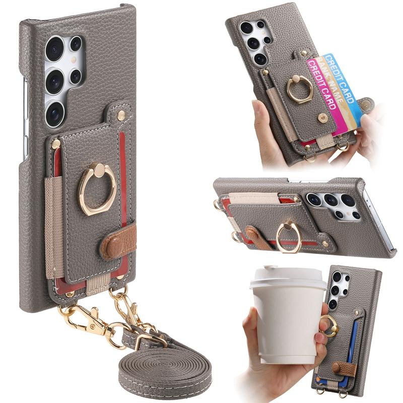 Ring Stand Card case Cover for Galaxy S21/S22/S23/S24/S25, for Samsung A13/A14/A15/A16/A23/A24 Lanyard Wallet Case Phone Cover