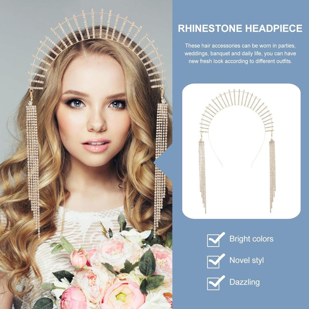Halo Crown Crystal Goddess Headband Glitter Tassel Head Chain Wedding Headpieces Party Tiara Hair Accessory Jewelry For Women Girls Holiday Party