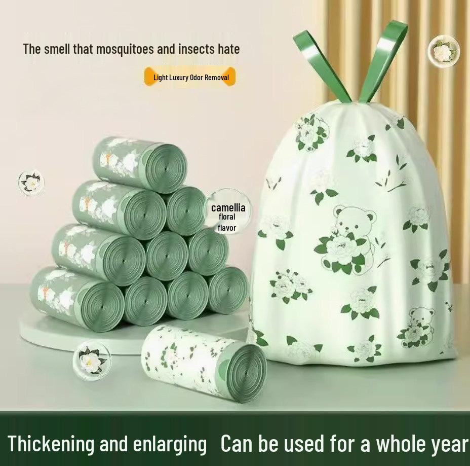 Camellia Scented Drawstring Trash Bags, Thickened and Insect-Repellent, Suitable for Kitchen and Living Room.