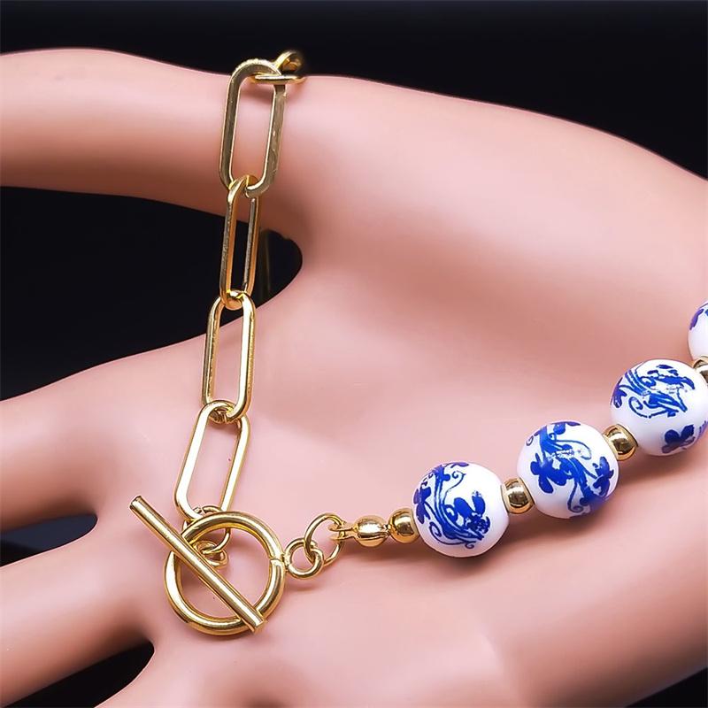 Blau-weiße Porzellanperlenkette für Damen Edelstahl China Keramik Choker Halsketten Weihnachtsgeschenk Schmuckkragen