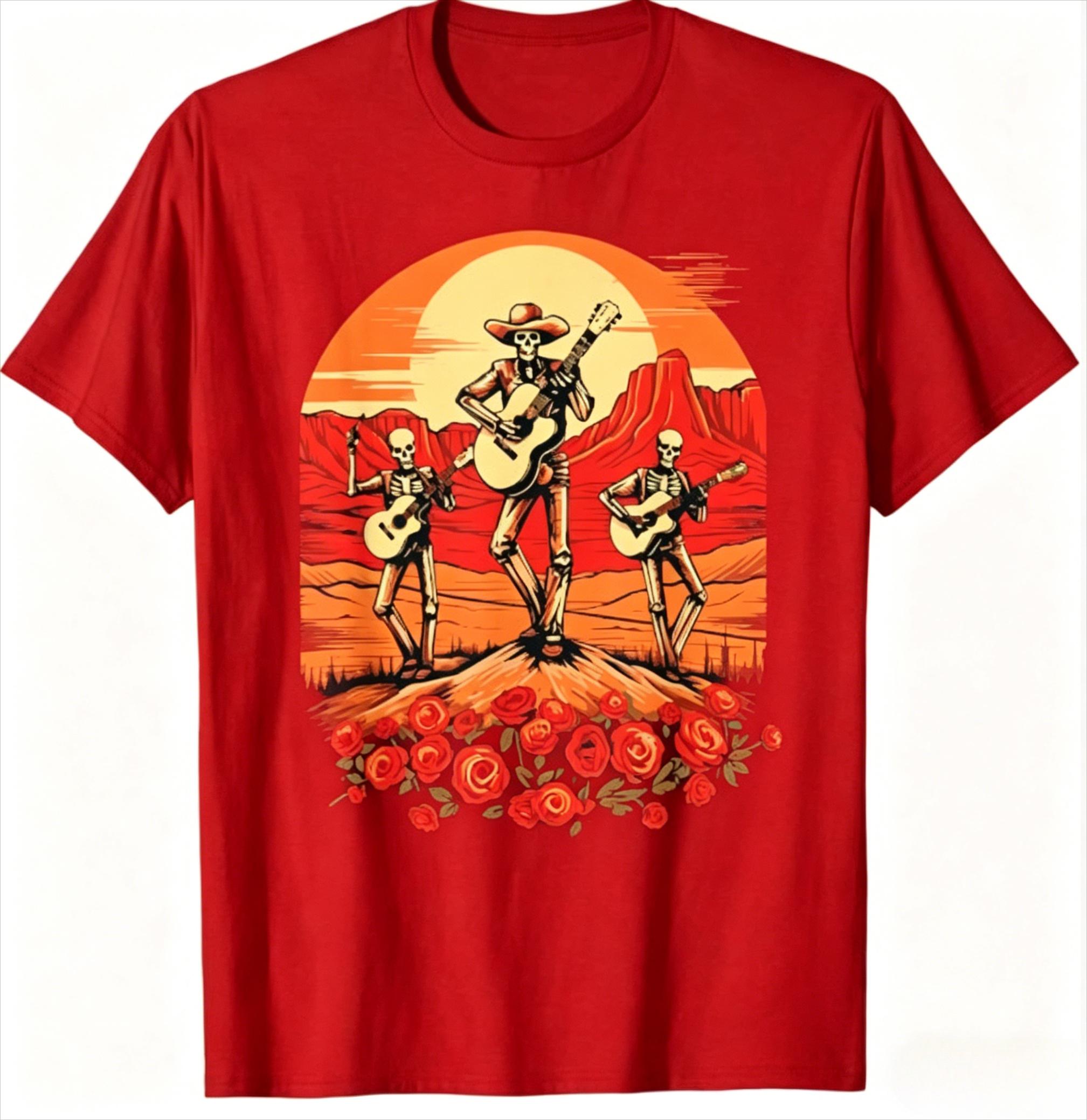 

Dia De Los Muertos Skeleton Guitar T-shirt Cotton Mexican Folk Music Red Roses Graphic Tee Unisex Casual Tops Maria Chi Band S