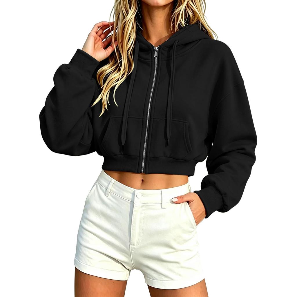 Sudadera con capucha y cremallera corta informal para mujer, chaqueta sudadera con capucha para uso diario