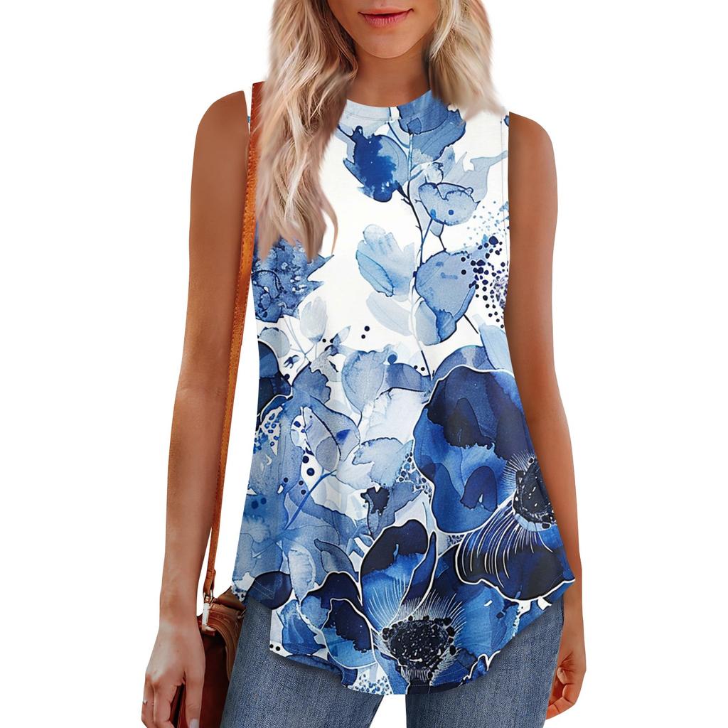 Damenmode Lässige ärmellose Weste Vintage Print Rundhalsausschnitt Ärmelloses Top