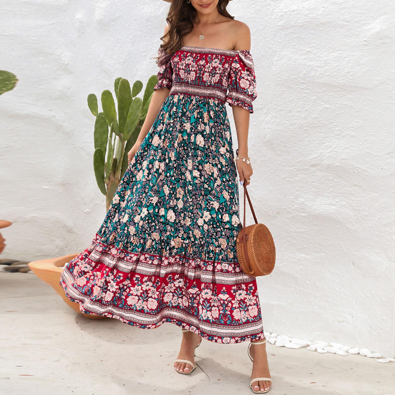 Женское модное богемное пляжное курортное платье на одно плечо с пышными рукавами S синий — фото 4