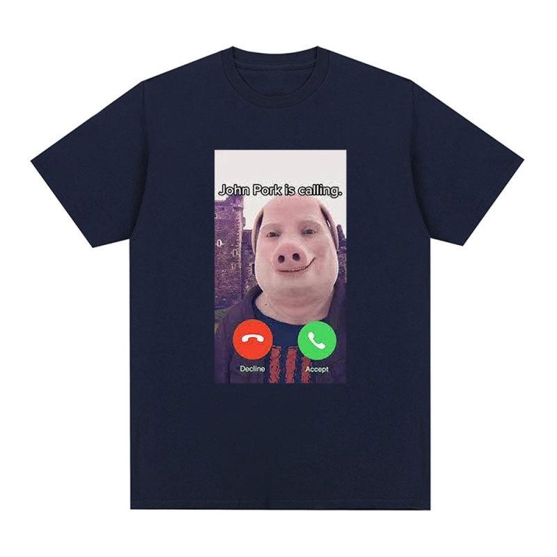 John Pork Is Calling Lustiges Antwort-Anruf-Telefon-T-Shirt Humor Schwein Meme Design Grafik-T-Shirt Niedliche Tierliebhaber übergroße T-Shirts