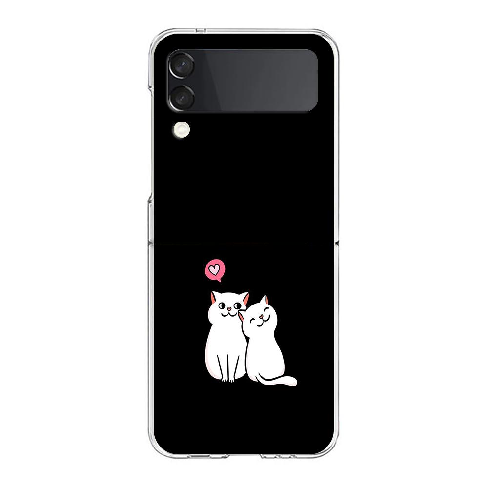 Phone Cover For Samsung Galaxy Z Flip 6 5 4 Case Transparent For Samsung Z Flip 3 Hard PC Foldable Bags Cartoon Black Cat Couple
