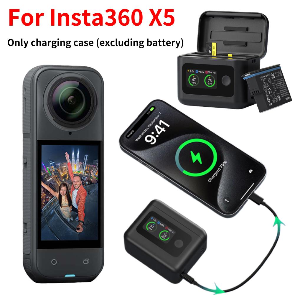 For Insta360 X5 Fast Charging Case Dual-Slot Portable Battery Charging Box Battery Charger Storage Box Action Camera Accessories nero