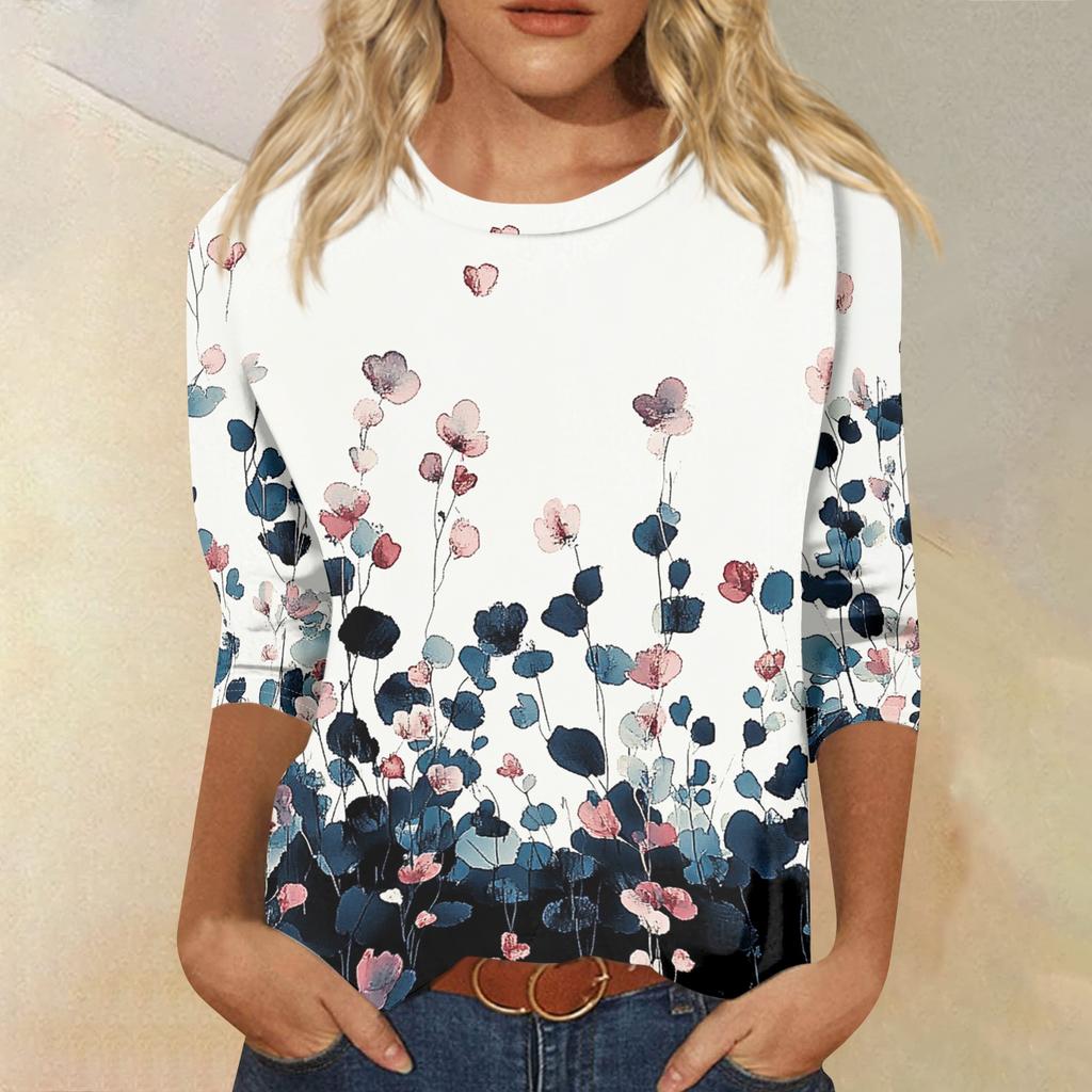 Women's Fashion Casual Round Neck 3/4 Sleeve Loose Printed T-Shirt Ladies Top