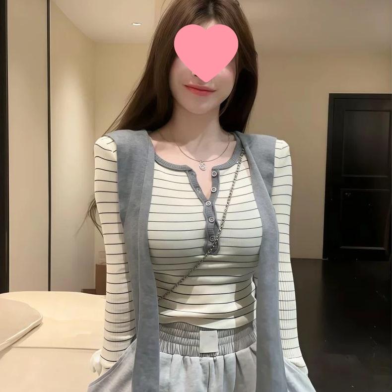 Women's Korean Style Striped Button-Down Shirt with Shawl - Autumn Slim Fit