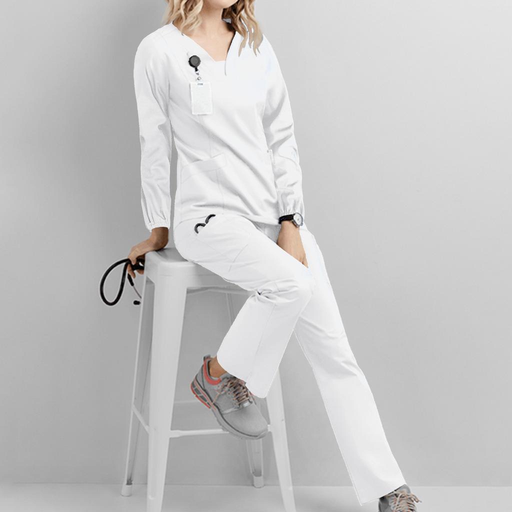 Ensemble de travail deux pièces pour femme, haut à manches longues, col en V, couleur unie, poche poitrine, pantalon à taille élastique, 3 poches, hauts de gommage pour femme