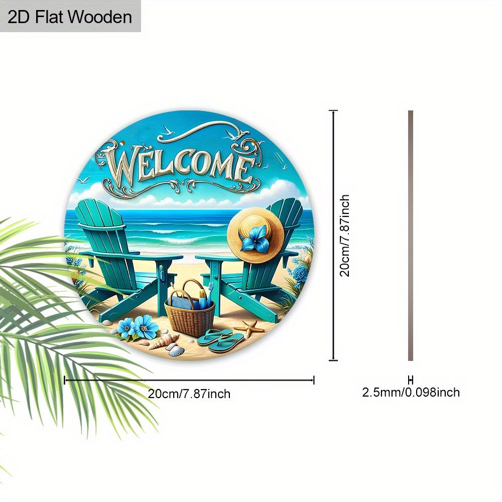 JIT [2D Flat] 1pc Delicate Beach-Themed Wooden Decorative Plaque & Statues, 7.87x7.87 Inch Round Hanging Art Decor with Blue Recliner and Sun Hat
