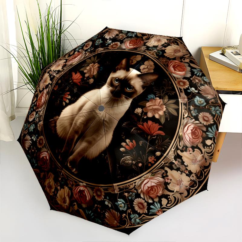 Cats and Flowers pattern, automatic folding umbrella, portable and foldable design, 8 ribs, a Christmas or birthday gift.