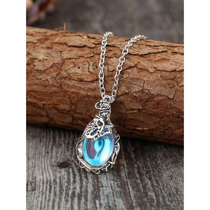 1pc Thorn Vine Moonstone Imitation Necklace, Vintage Distressed Blue Iridescent Water Drop Pendant