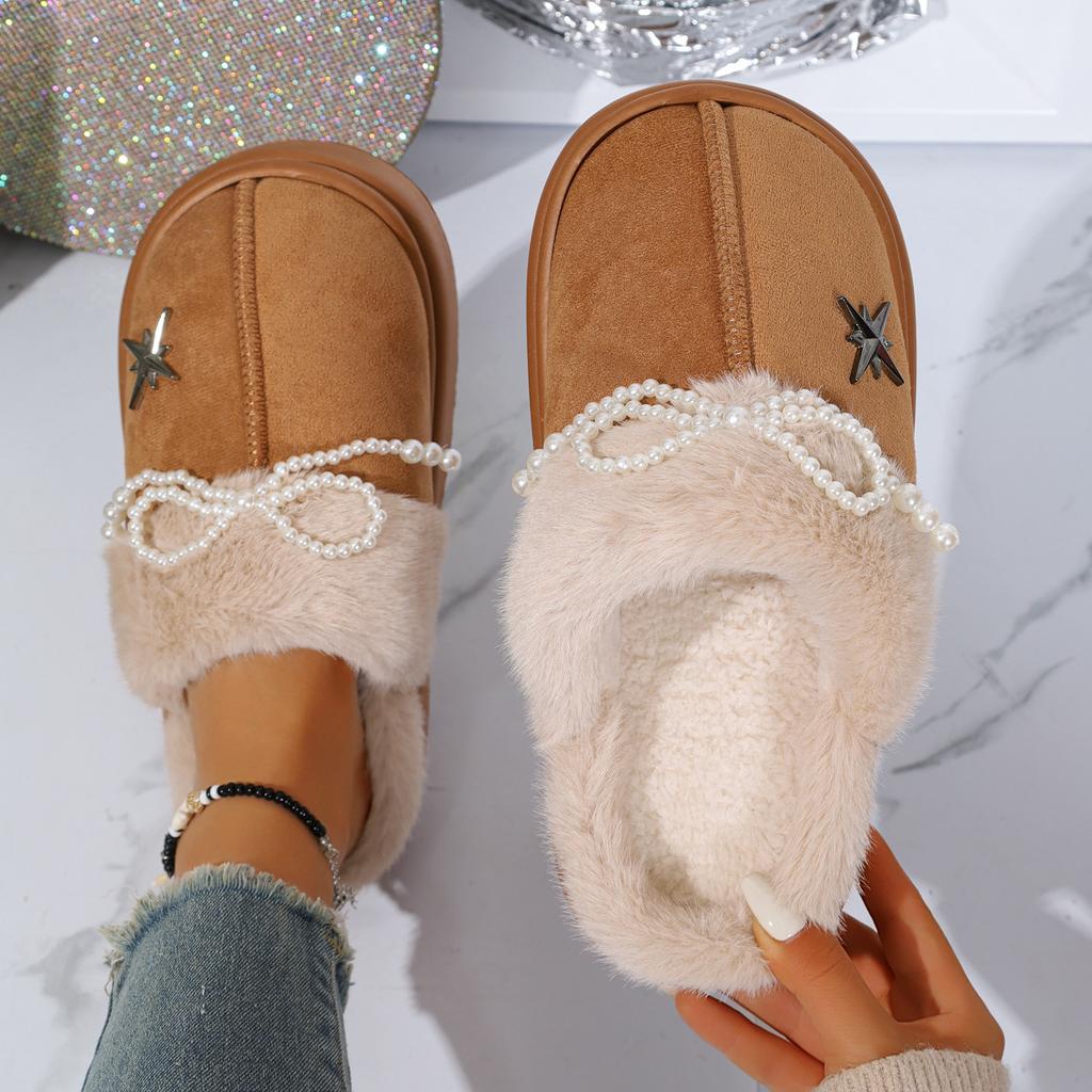Fashion Fashion Perals Bowknot Fluffy Slippers Women 2025 Warm Faux Fur Platform Slides Woman Outdoor Comfort Non Slip Cotton Slippers