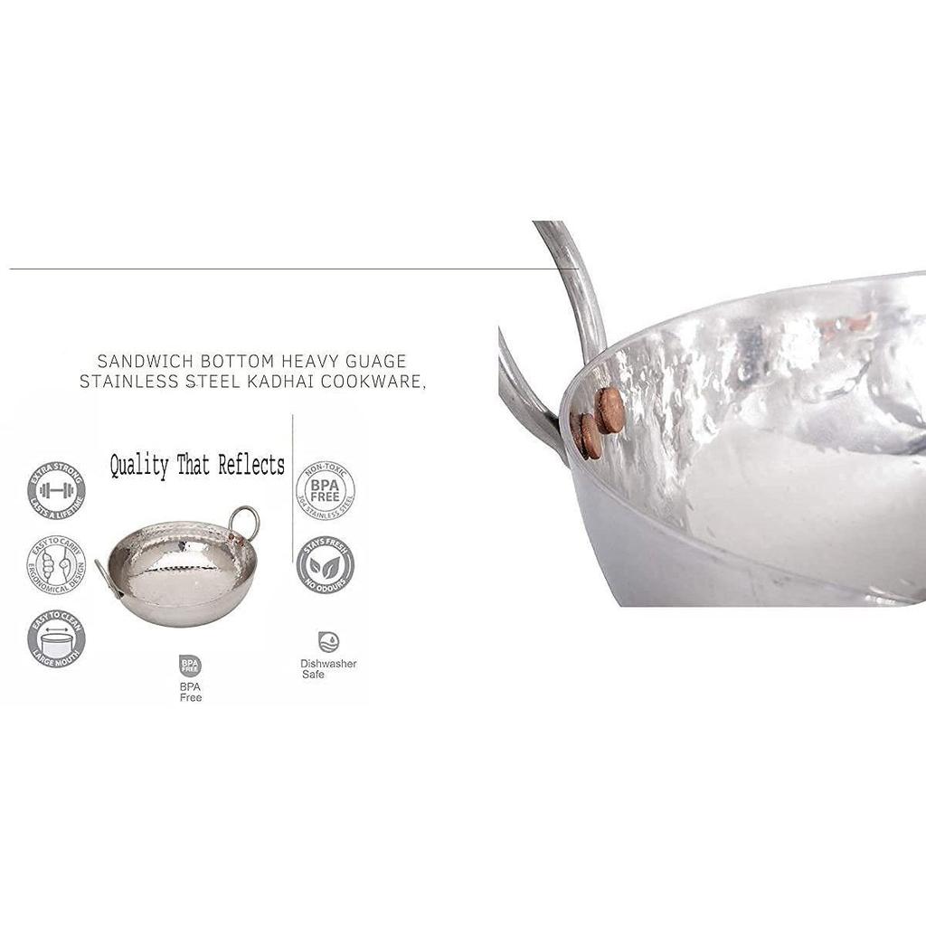 Sandwich Bottom Heavy Guage Stainless Steel Hammered Kadhai Cookware(1500 ML)
