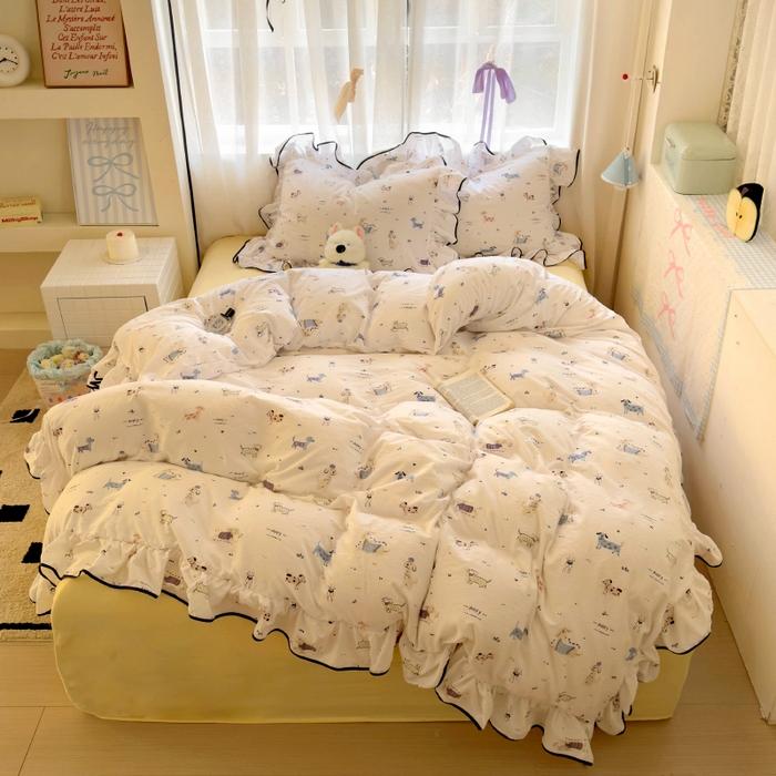 New Cream Lace Girl Powder Grid Korean Version Bed Four-piece Set Washed Cotton Double-layer Yarn Quilt Cover Dormitory